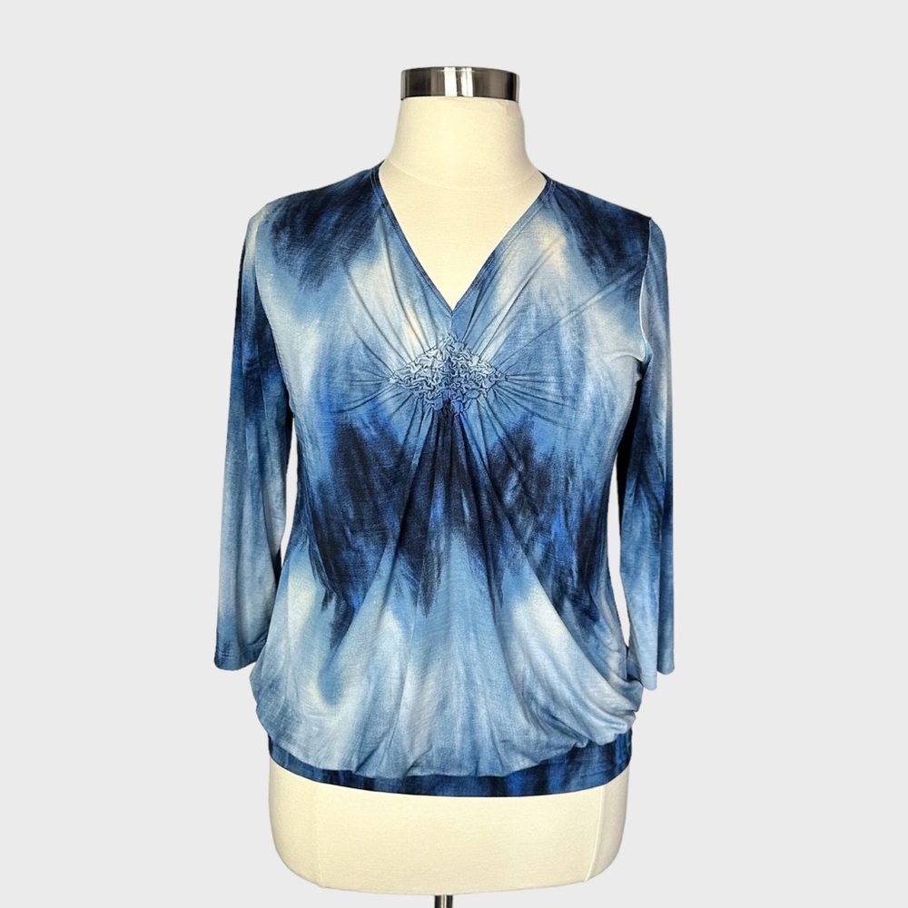 Dressbarn Blue Tie-Dye Ruched V-Neck Stretch Blouson Top